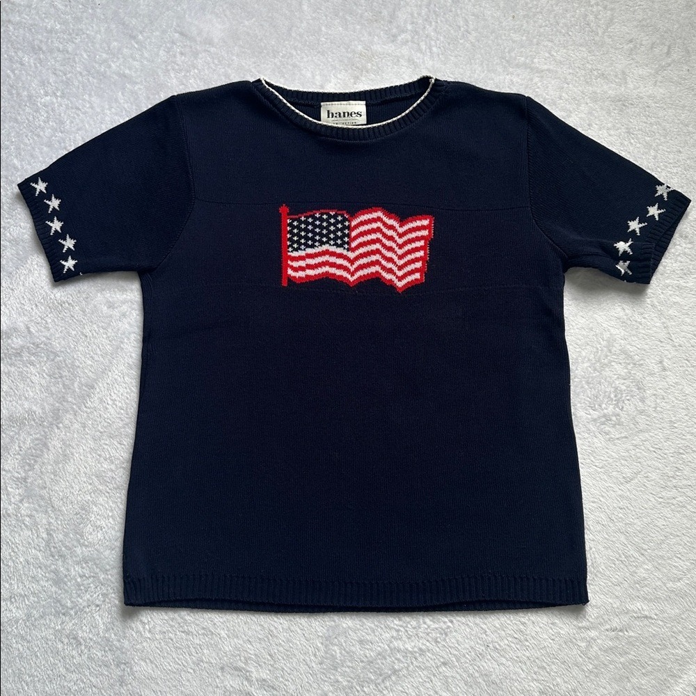 Vintage Womens USA Patriotic Flag Stars Short Sleeve Sweater Small Holiday Party